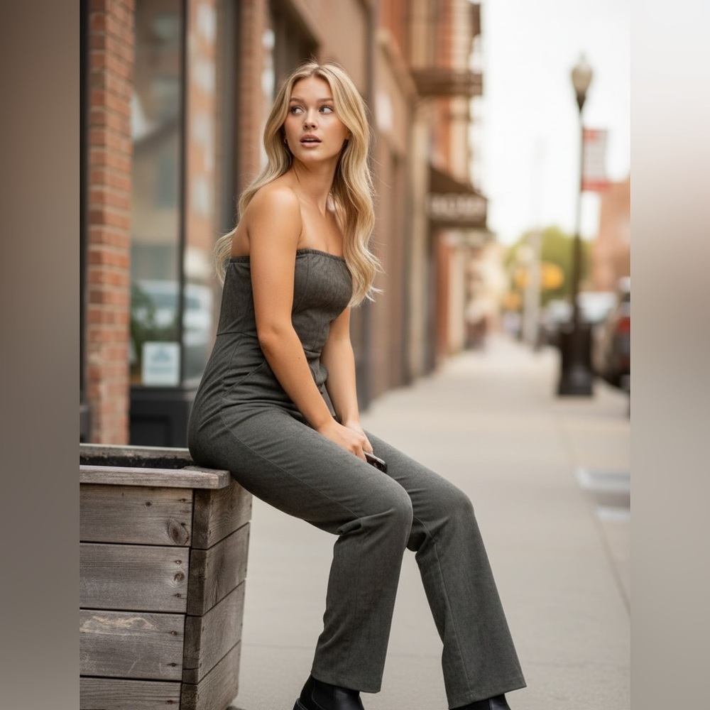 PrettyLittleThing Charcoal Faux‎ Leather Strapless Wide Leg Jumpsuit US 4 NWT
